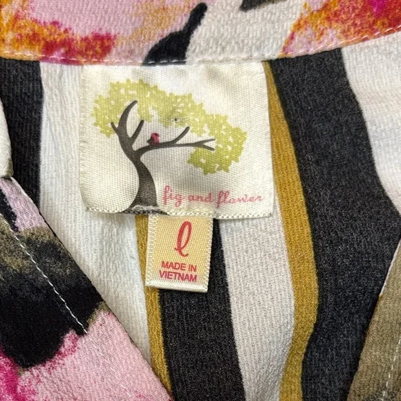 Fig and Flower Anthropologie Boho Mix Print Floral Striped Peasant Blouse Size L - Picture 2 of 10